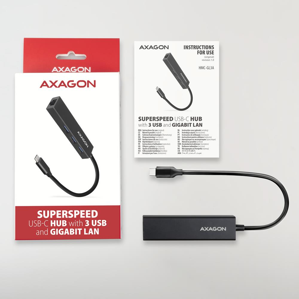 I/O HUB USB-C 4PORT GLAN/0.2M HMC-GL3A AXAGON I/O HUB USB-C 4PORT GLAN/0.2M HMC-GL3A AXAGON